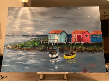 Pintura titulada "Cabanes ostreicoles" por Audrey Faurie, Obra de arte original, Oleo Montado en Bastidor de camilla de made…