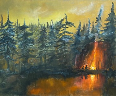 By The Fire (bonfire, oil, painting gift, warmth) Peinture intitulée "By The Fire (bonfir…" par Nadiia Boichenko, Œuvre d'art originale, Huile