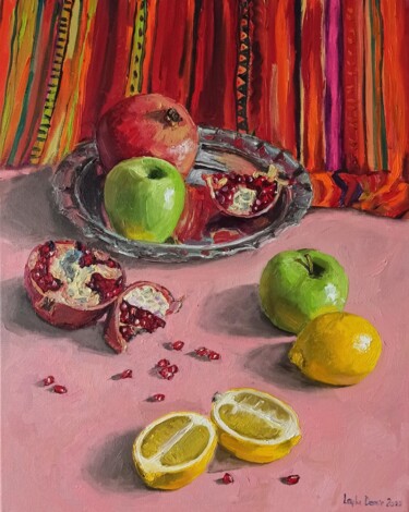 Painting titled "Apple and pomegrana…" by Leyla Demir, Original Artwork, Oil Mounted on Wood Stretcher frame