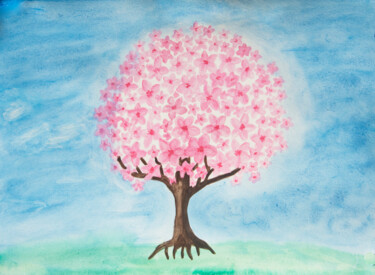 Spring tree with pink flowers Painting titled "Spring tree with pi…" by Irina Afonskaya, Original Artwork, Watercolor