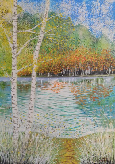 Reflections of autumn trees in calm lake 제목이 "Reflections of autu…"인 미술작품 Gökhan Alpgiray로, 원작, 아크릴