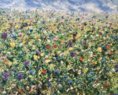 Large Blooming Flowers Field Impasto Oil Painting On Canvas 제목이 "Large Blooming Flow…"인 미술작품 Vilma Gataveckiene로, 원작, 기름