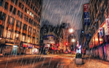 New York City Skyline Rain Storm Street Red Orange 绘画 标题为“New York City Skyli…” 由Tony Rubino, 原创艺术品, 丙烯 安装在木质担架架上