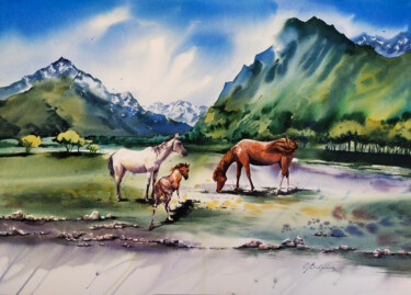 Ullu Tau - mountain view landscape with horses 绘画 标题为“Ullu Tau - mountain…” 由Olga Bezlepkina, 原创艺术品, 水彩