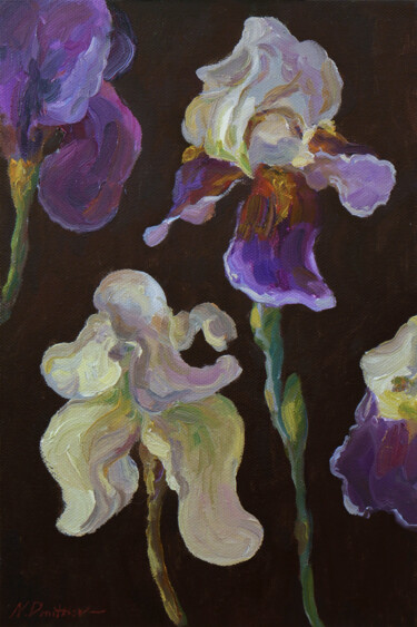 绘画 标题为“Irises. Original St…” 由Nikolay Dmitriev, 原创艺术品, 油 安装在木质担架架上