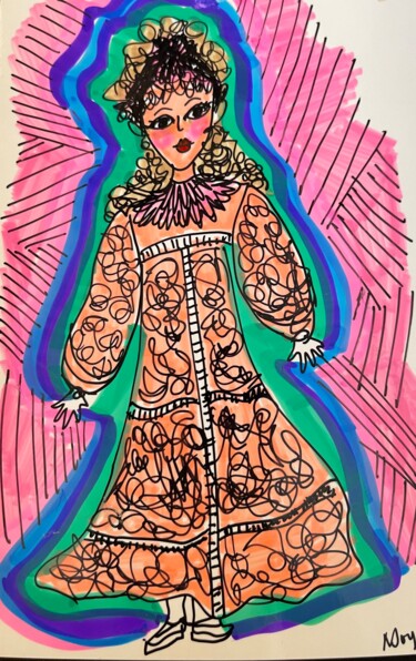 Drawing titled "Demoiselle" by Njoy, Original Artwork, Gel pen