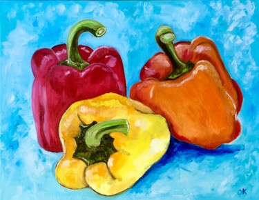 Peppers, still life on Turquoise background 绘画 标题为“Peppers, still life…” 由Olga Koval, 原创艺术品, 油 安装在木质担架架上