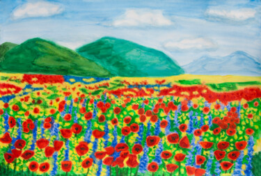 Meadow with red poppies, yelow rapeseed and bluebonnets 제목이 "Meadow with red pop…"인 미술작품 Irina Afonskaya로, 원작, 수채화