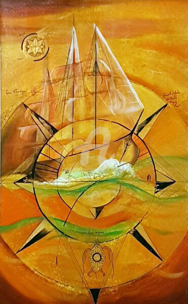 Schilderij getiteld "La rose des vents n…" door Jez Bb, Origineel Kunstwerk, Olie Gemonteerd op Frame voor houten brancard
