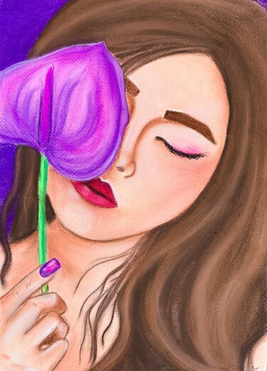 Portrait of brunette girl with long hair and purple flower Рисунок под названием "Portrait of brunett…" - Elena Polak, Подлинное произведение искусства, Пастель