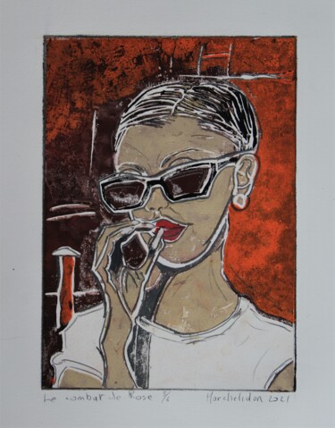 Printmaking titled "Le Combat de Rose 3…" by Hervé Marchelidon, Original Artwork, Linocuts