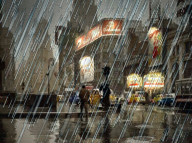 New York City Skyline Rain Storm Vintage Retro 绘画 标题为“New York City Skyli…” 由Tony Rubino, 原创艺术品, 丙烯 安装在木质担架架上