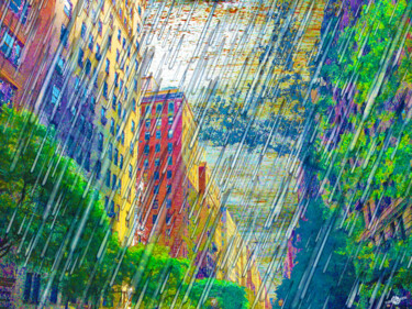 New York City Skyline Rain Storm Sky Trees 绘画 标题为“New York City Skyli…” 由Tony Rubino, 原创艺术品, 丙烯 安装在木质担架架上
