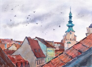 Malerei mit dem Titel "Bratislava. Rooftop…" von Alyona Masterkova, Original-Kunstwerk, Aquarell
