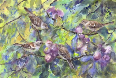 绘画 标题为“Sparrows on a fig t…” 由Alyona Masterkova, 原创艺术品, 水彩