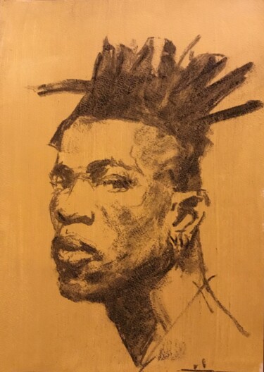 Drawing titled "Portrait sur fond j…" by Dominique Dève, Original Artwork, Charcoal