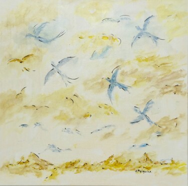 Les oiseaux, messagers entre la terre et le ciel 「Les oiseaux, messag…」というタイトルの絵画 Solange Palacios Dupontによって, オリジナルのアートワーク, オイル ウッドストレッチャーフレームにマウント