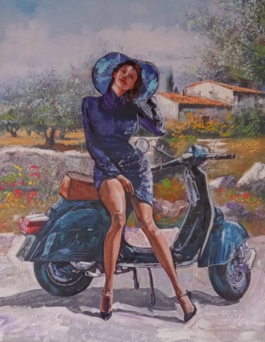 Woman sitting on Vespa scooter oil painting on canvas 绘画 标题为“Woman sitting on Ve…” 由Filip Petrovic, 原创艺术品, 油