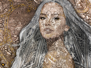 Beautiful Woman Intricate long Metallic Armor hair And Face 绘画 标题为“Beautiful Woman Int…” 由Tony Rubino, 原创艺术品, 丙烯 安装在木质担架架上