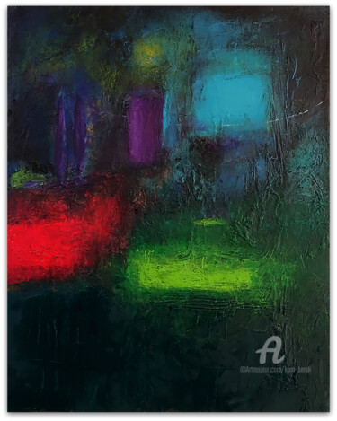 Une nuit fluorescente Peinture intitulée "Une nuit fluorescen…" par Kam Bendi, Œuvre d'art originale, Huile Monté sur Carton