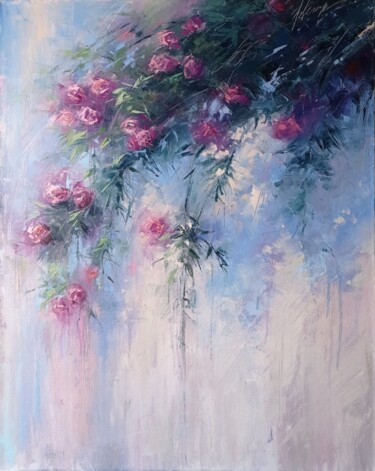 "Rose bush" oil on canvas palette knife Painting titled ""Rose bush" oil on…" by Viktoriia Kerner, Original Artwork, Oil