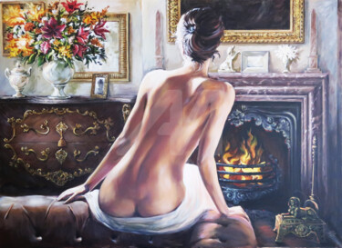 Autumn Girl by the fireplace - original acrylic painting on 绘画 标题为“Autumn Girl by the…” 由Nikolay Kharitonov, 原创艺术品, 丙烯