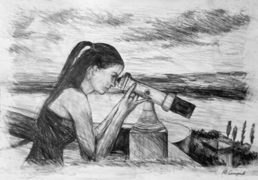 Tekening getiteld "Observer" door Yury Smirnov, Origineel Kunstwerk, Houtskool