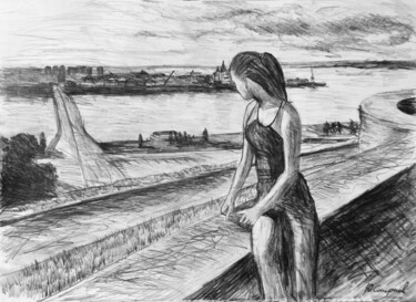 Drawing titled "Girl looking at the…" by Yury Smirnov, Original Artwork, Graphite