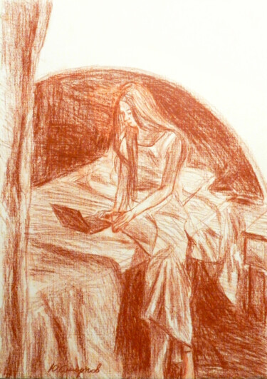 Dessin intitulée "Alena at the laptop" par Yury Smirnov, Œuvre d'art originale, Conté