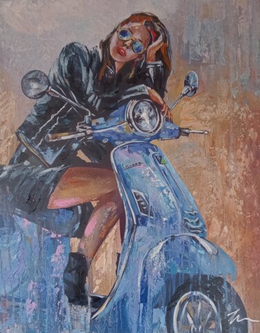Woman on Vespa scooter oil painting on canvas 绘画 标题为“Woman on Vespa scoo…” 由Filip Petrovic, 原创艺术品, 油