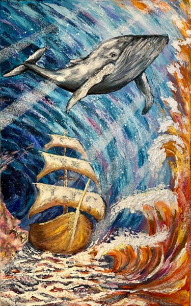 绘画 标题为“"Whale showing the…” 由Yuliia Kiselova, 原创艺术品, 丙烯 安装在木质担架架上