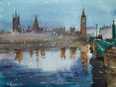 Winter London. View of the Tower, Bigben and bridge. 「Winter London. View…」というタイトルの絵画 Виктория Гаманによって, オリジナルのアートワーク, 水彩画