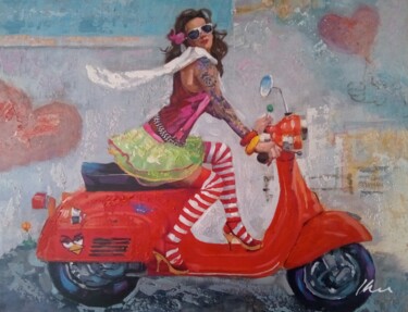 Woman on red Vespa scooter oil painting on canvas 绘画 标题为“Woman on red Vespa…” 由Filip Petrovic, 原创艺术品, 油