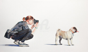 Photographer and dog Peinture intitulée "Photographer and dog" par Alina Shangina, Œuvre d'art originale, Aquarelle