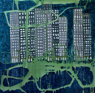 Painting titled "Une ville la nuit" by Claude Gascon, Original Artwork, Acrylic