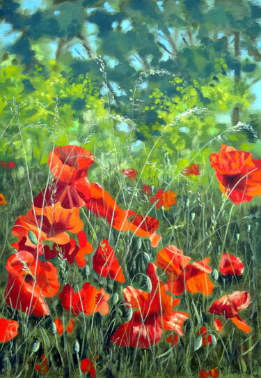 Painting titled "Coquelicots" by Alain Sarazin, Original Artwork, Oil Mounted on Other rigid panel