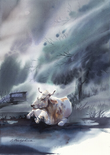 Dagestan. Magical creatures. Cow - white cow in the fog of e Painting titled "Dagestan. Magical c…" by Olga Bezlepkina, Original Artwork, Watercolor