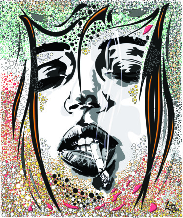 Digital Arts titled "Ava in bubbles" by Livien Rózen, Original Artwork, Digital Painting Mounted on Wood Stretcher frame