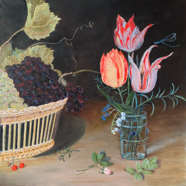 Still life with grapes in a wicker basket Peinture intitulée "Still life with gra…" par Albert Safiullin, Œuvre d'art originale, Huile
