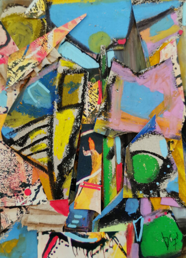 Peinture intitulée "Marché du matin" par Muriel Cayet, Œuvre d'art originale, Collages Monté sur Carton