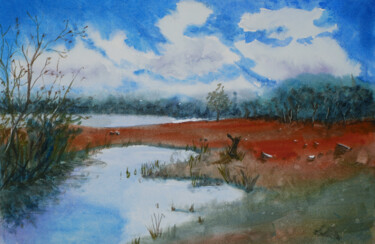Watercolor landscape of the Brenne countryside Indre French Schilderij getiteld "Watercolor landscap…" door Jean-Marc Quilichini, Origineel Kunstwerk, Aquarel