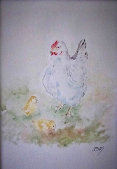 BASSE-COUR Aquarelle originale unique Painting titled "BASSE-COUR Aquarell…" by Eliane Morvan (CREADELI "les petits bonheurs d'Eli"), Original Artwork, Watercolor