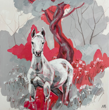 A white horse in a red field Painting titled "A white horse in a…" by Marina Beresneva, Original Artwork, Acrylic Mounted on Wood Stretcher frame