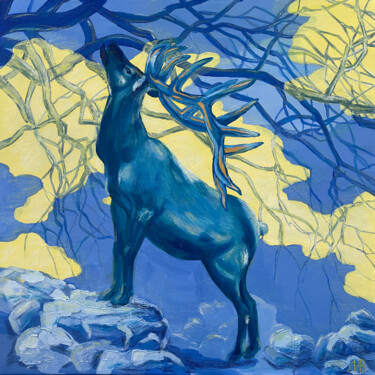 Turquoise Deer Schilderij getiteld "Turquoise Deer" door Marina Beresneva, Origineel Kunstwerk, Acryl Gemonteerd op Frame voor houten branc…