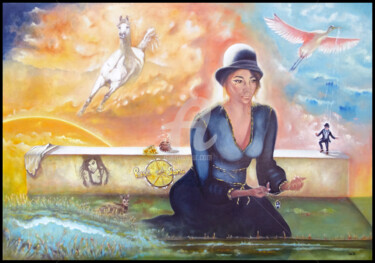 Peinture intitulée ""Au fil de l'eau"" par Gaëlle, Œuvre d'art originale, Huile Monté sur Châssis en bois
