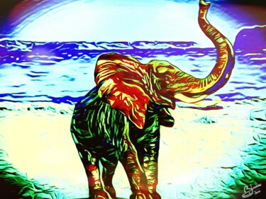数字艺术 标题为“Elephant 2 mer” 由Thomas Blondeau-Dumoulin, 原创艺术品, 数字油画 安装在木板上
