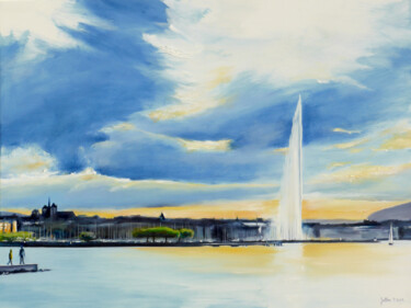 Geneve, 2 personnes regardant le jet d'eau en soirée 「Geneve, 2 personnes…」というタイトルの絵画 Philippe Juttensによって, オリジナルのアートワーク, オイル