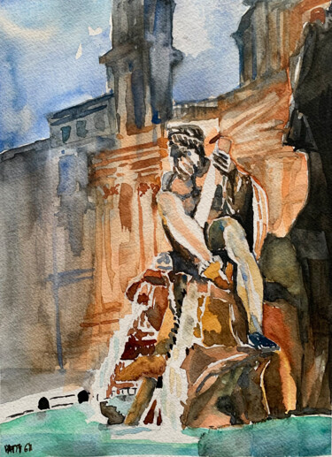 Peinture intitulée "Piazza Navona" par Patrizia Salcini, Œuvre d'art originale, Aquarelle
