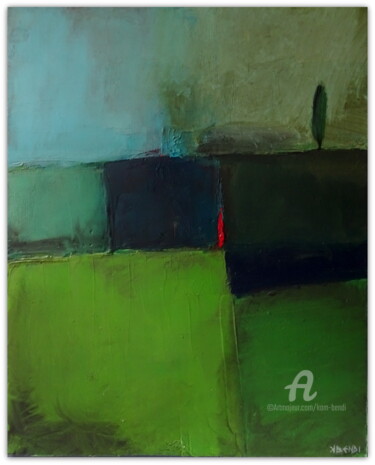 ECLAT ROUGE SUR HORIZON SEREIN Peinture intitulée "ECLAT ROUGE SUR HOR…" par Kam Bendi, Œuvre d'art originale, Huile Monté sur Carton