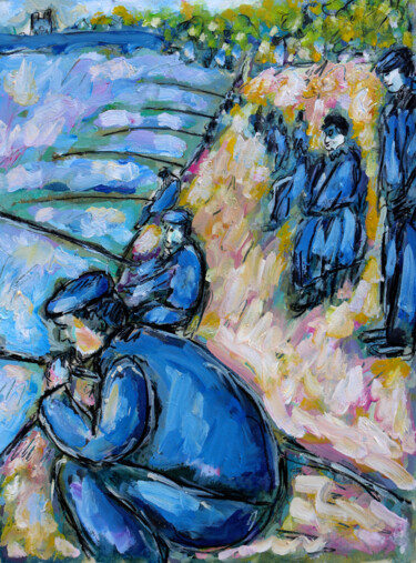 Painting titled "La pêche à la ligne" by Jean Mirre, Original Artwork, Oil